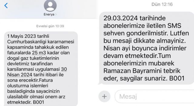 ENERYA’dan Aynı Anlama Gelen 2 Farklı Mesaj “Bedava Doğalgaz 30 Nisan’dan Sonra Yok”